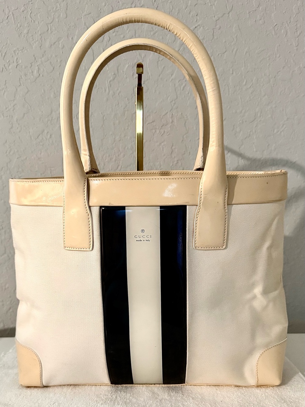 Vintage Gucci Canvas and Patent Leather Web Stripe Tote Bag